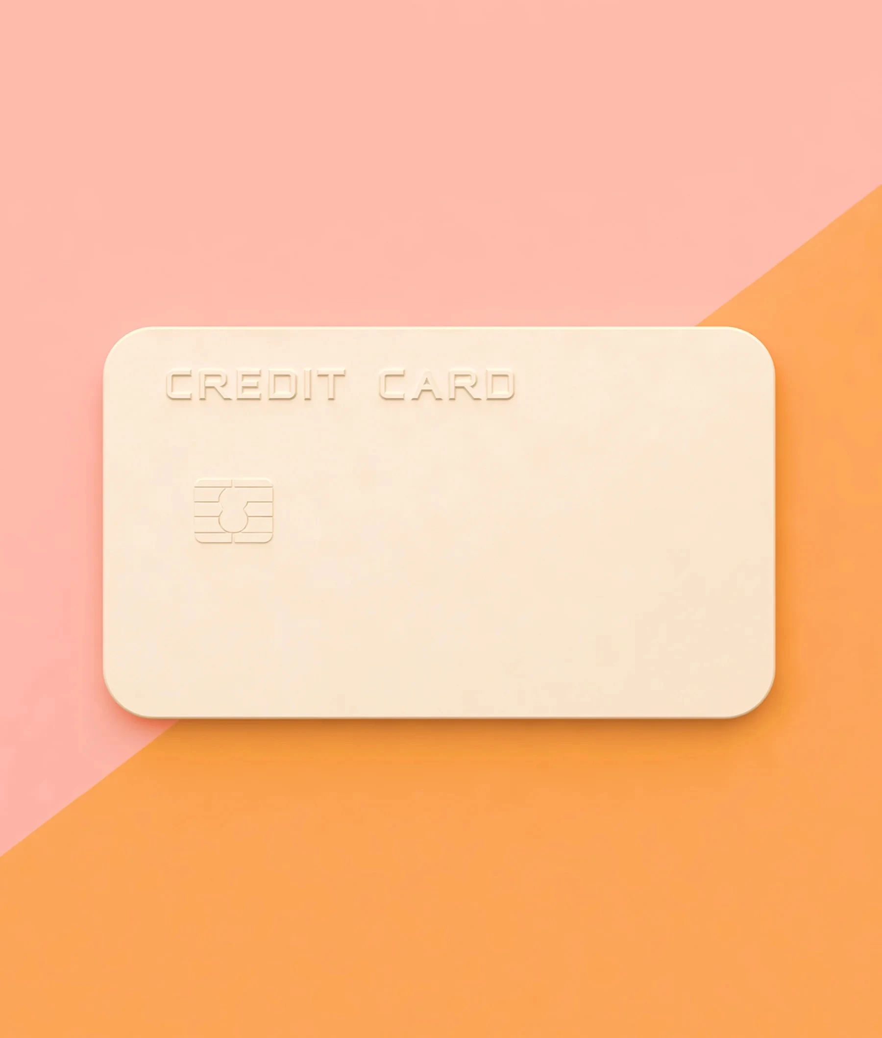 Pale peach credit card floating over a pink and orange background