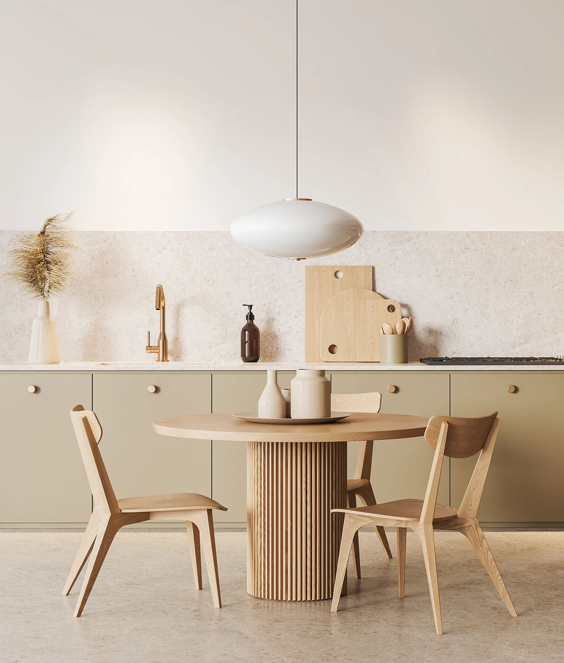 Light kitchen with a round wooden table and chairs