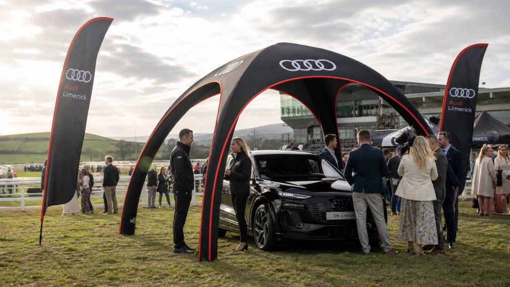Black Airdome with flags over a car at an outdoor event