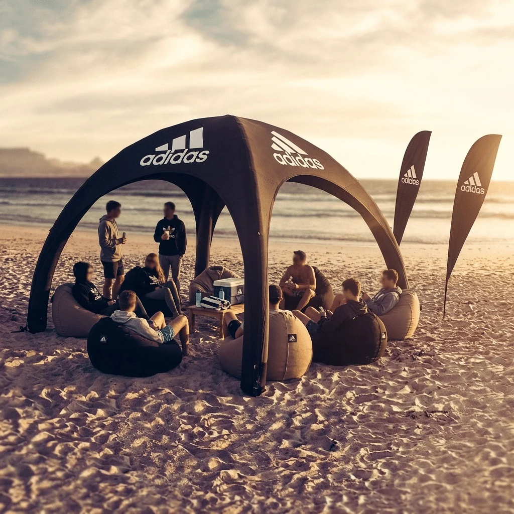 People relaxing under a black Airdome on the beach at dusk
