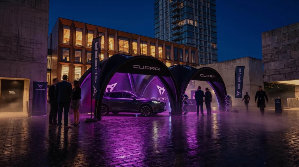 Branded Airdome tents around a car on a city square at night